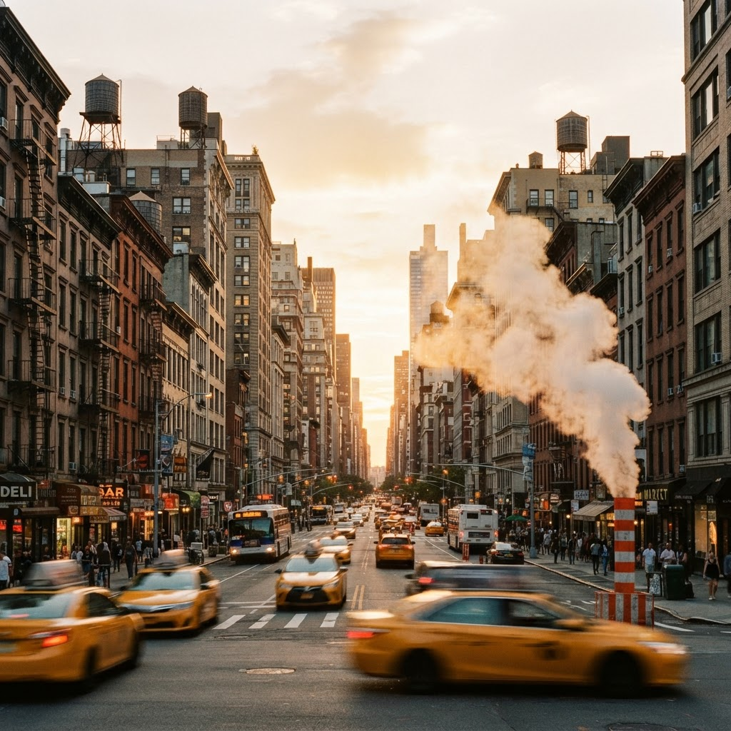 A New York City avenue at golden hour with yellow taxi cabs